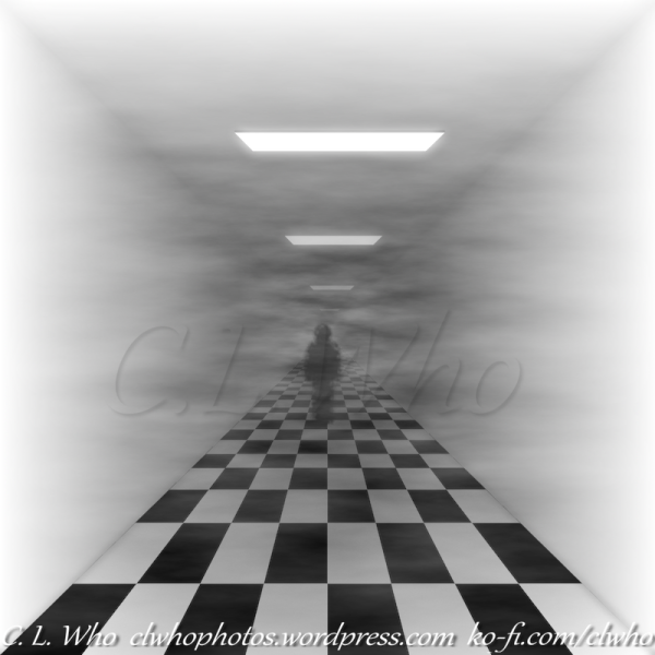 Foggy, liminal hallway with a ghost