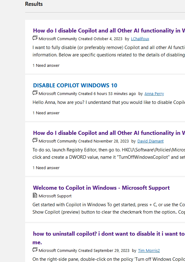 Microsoft Forum - Search - Disable Copilot